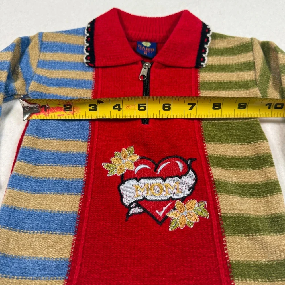 Habib Hosiery Kids Size 2 Colorblock Striped Mom Heart Quarter Zip Knit Sweater